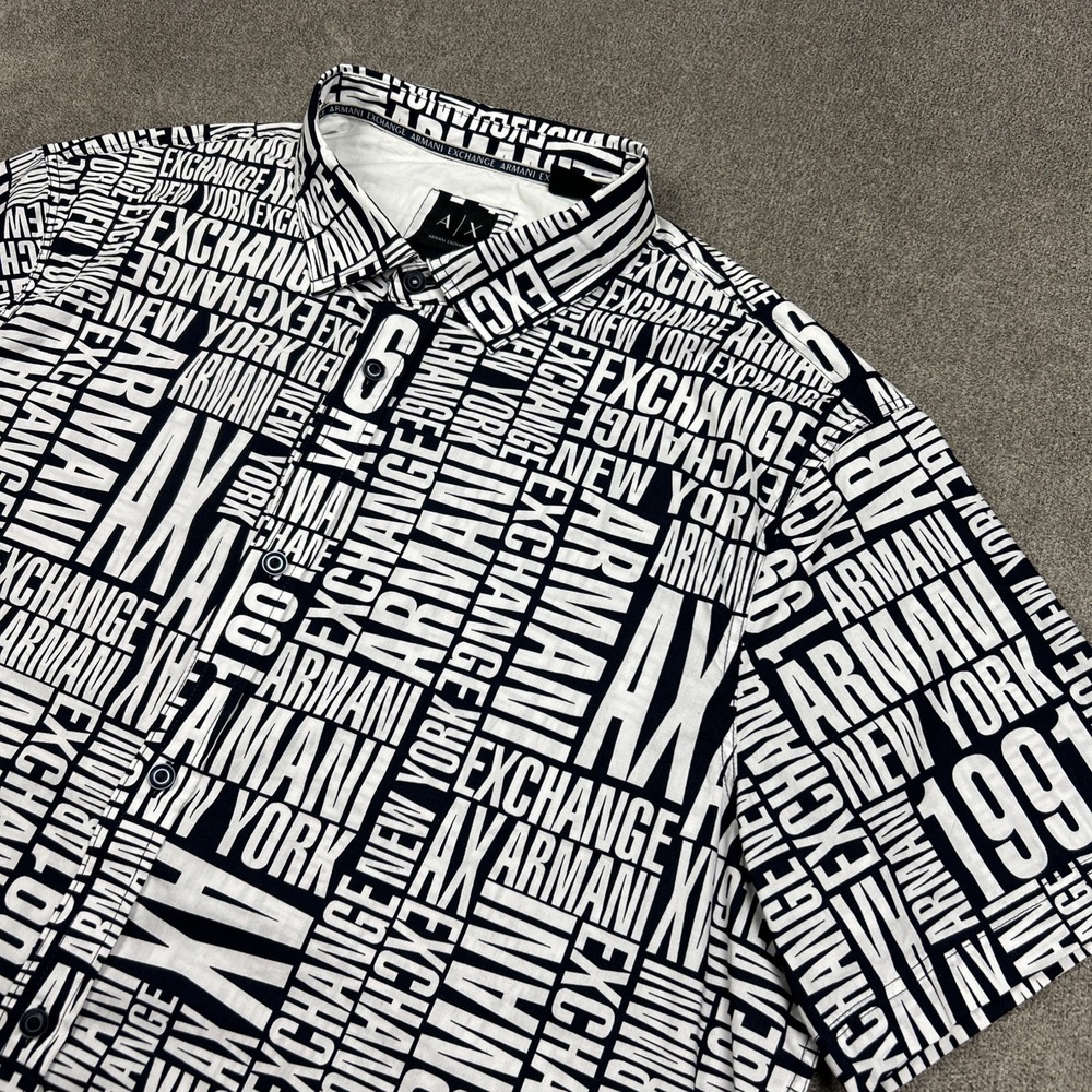 A|X Armani Exchange Shirt Mens 2XL Button Up All Over Print Spell Out Navy